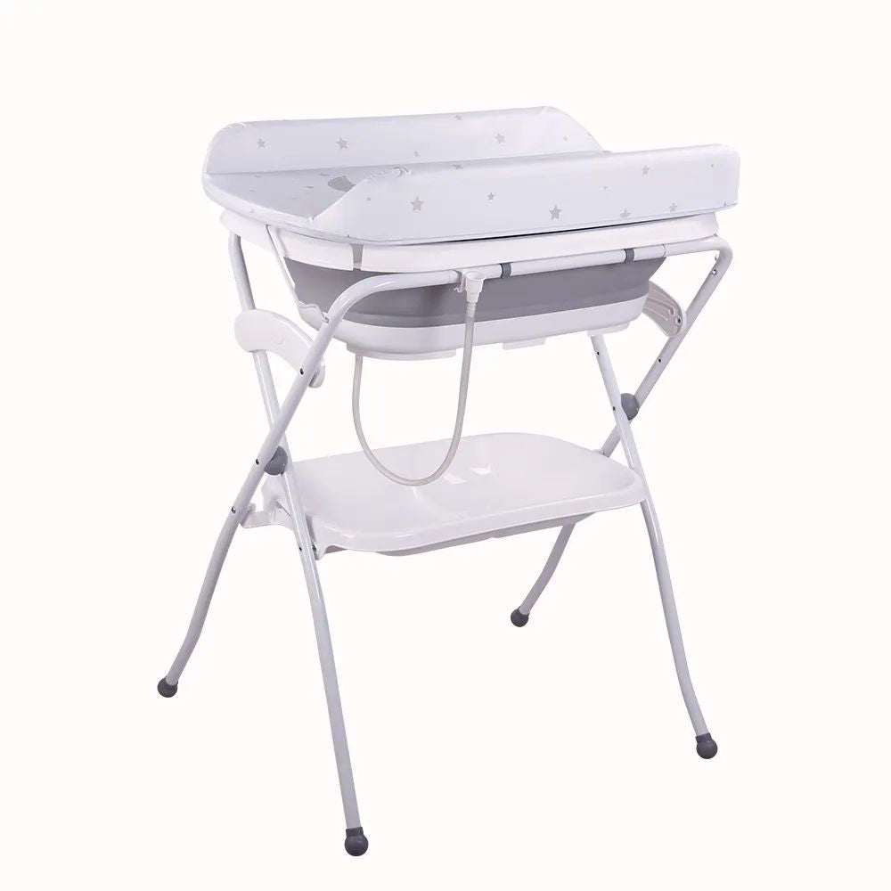 אמבטיה מתקפלת מסיליקון עם מעמד ומשטח החתלה – צבע אפור לבן