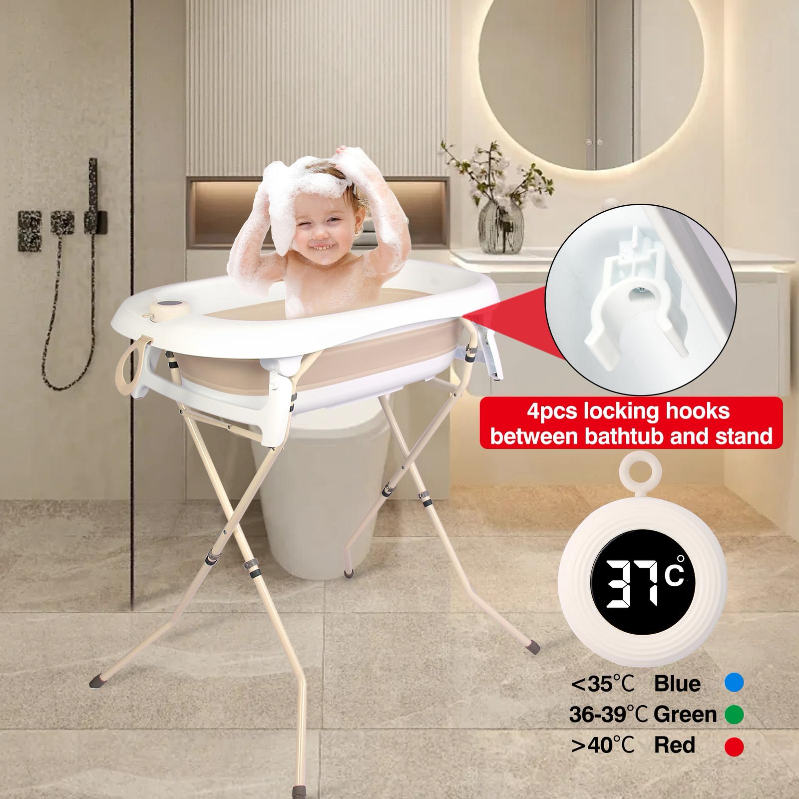 אמבטיה מתקפלת מסיליקון ענקית עם מעמד וטרמומטר(מד חום)נשלף + צינורית – צבע בז' לבן