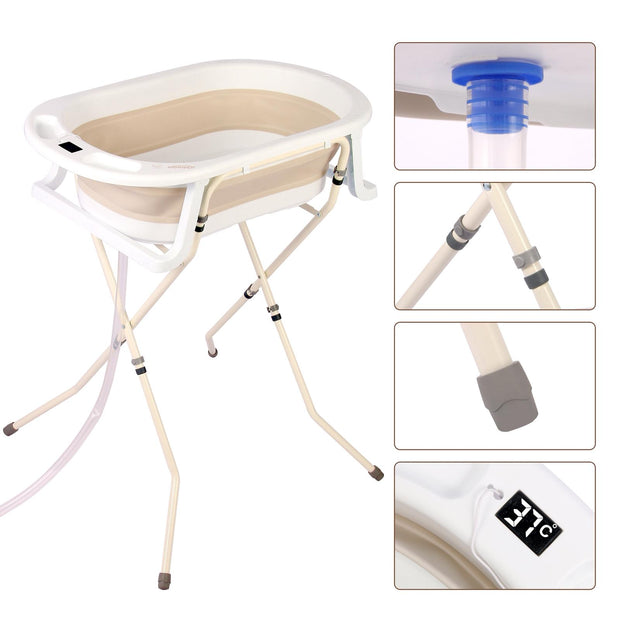 אמבטיה מתקפלת מסיליקון עם מעמד וטרמומטר(מד חום) – צבע בז' לבן