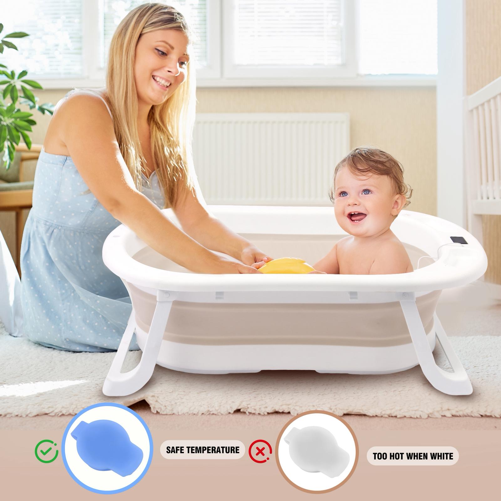 אמבטיה מתקפלת מסיליקון עם מעמד וטרמומטר(מד חום) – צבע בז' לבן