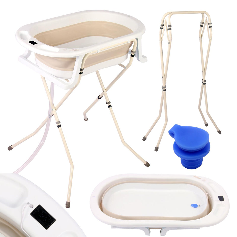 אמבטיה מתקפלת מסיליקון עם מעמד וטרמומטר(מד חום) – צבע בז' לבן