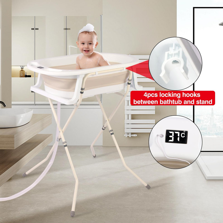 אמבטיה מתקפלת מסיליקון עם מעמד וטרמומטר(מד חום) – צבע בז' לבן