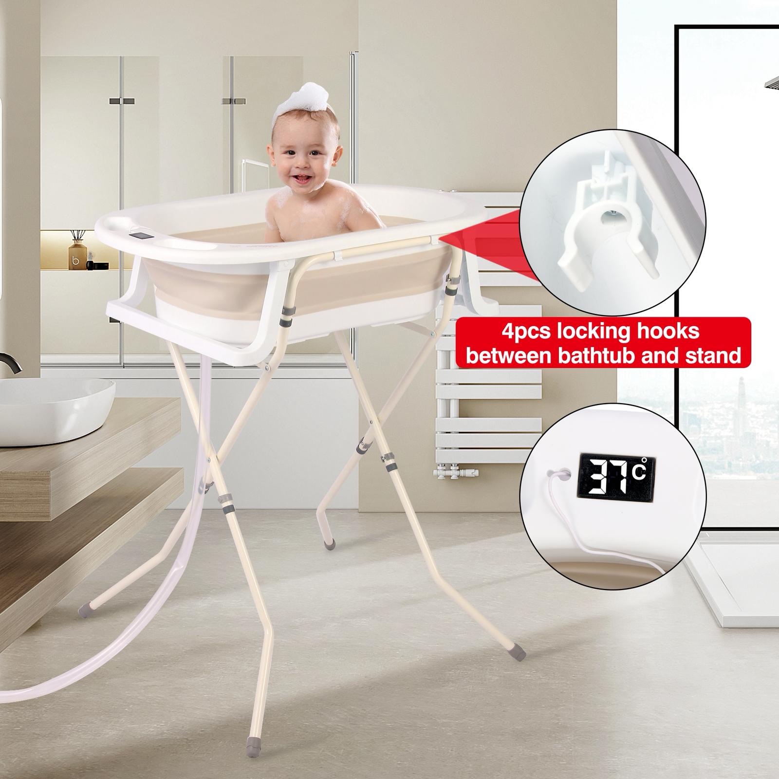 אמבטיה מתקפלת מסיליקון עם מעמד וטרמומטר(מד חום) – צבע בז' לבן