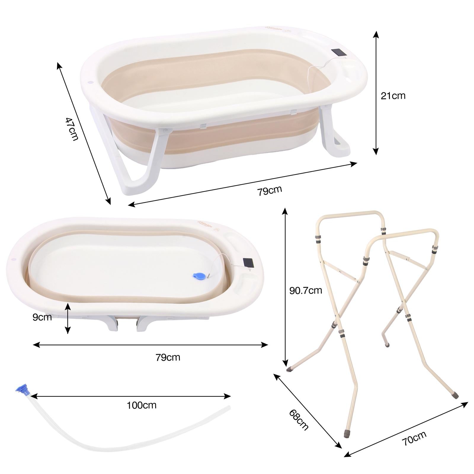 אמבטיה מתקפלת מסיליקון עם מעמד וטרמומטר(מד חום) – צבע בז' לבן