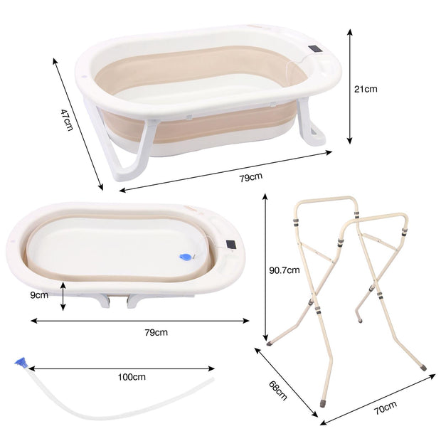 אמבטיה מתקפלת מסיליקון עם מעמד וטרמומטר(מד חום) – צבע בז' לבן