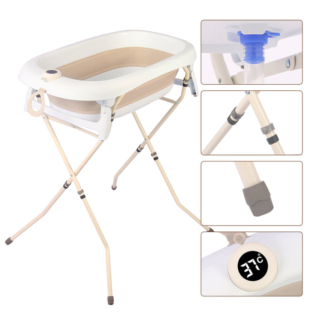 אמבטיה מתקפלת מסיליקון ענקית עם מעמד וטרמומטר(מד חום)נשלף + צינורית – צבע בז' לבן