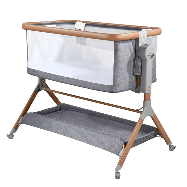 עריסה נצמדת (מתחברת)למיטת ההורים על גלגלים 3 ב 1 מיני גו דלוקס אייר- minigo DELUXE AIR צבע: אפור בשילוב דמוי עץ