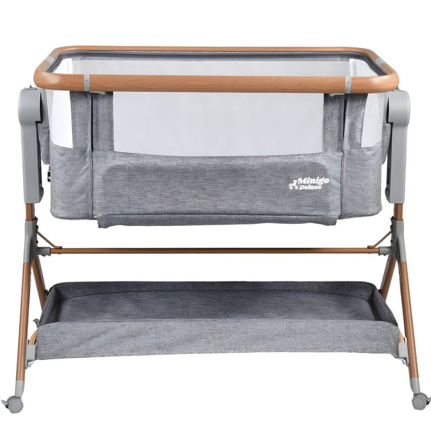 עריסה נצמדת (מתחברת)למיטת ההורים על גלגלים 3 ב 1 מיני גו דלוקס אייר- minigo DELUXE AIR צבע: אפור בשילוב דמוי עץ