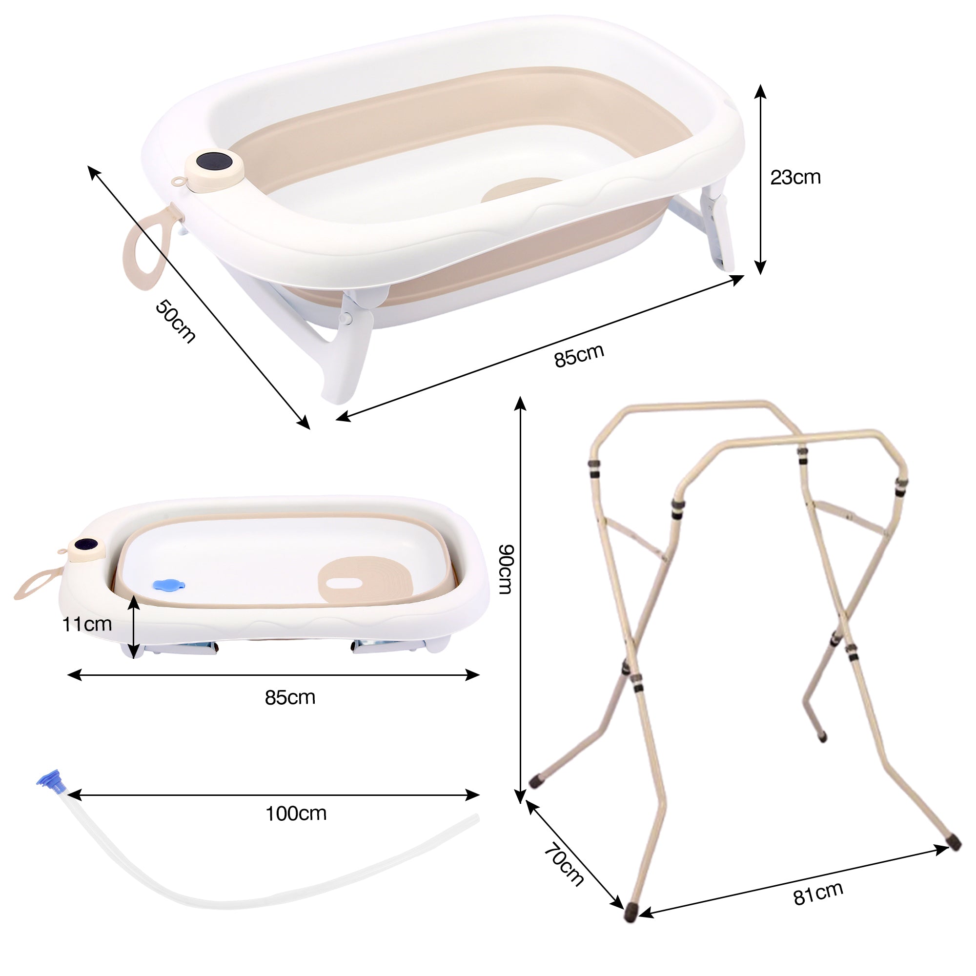 אמבטיה מתקפלת מסיליקון ענקית עם מעמד וטרמומטר(מד חום)נשלף + צינורית – צבע בז' לבן
