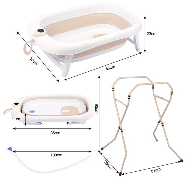 אמבטיה מתקפלת מסיליקון ענקית עם מעמד וטרמומטר(מד חום)נשלף + צינורית – צבע בז' לבן