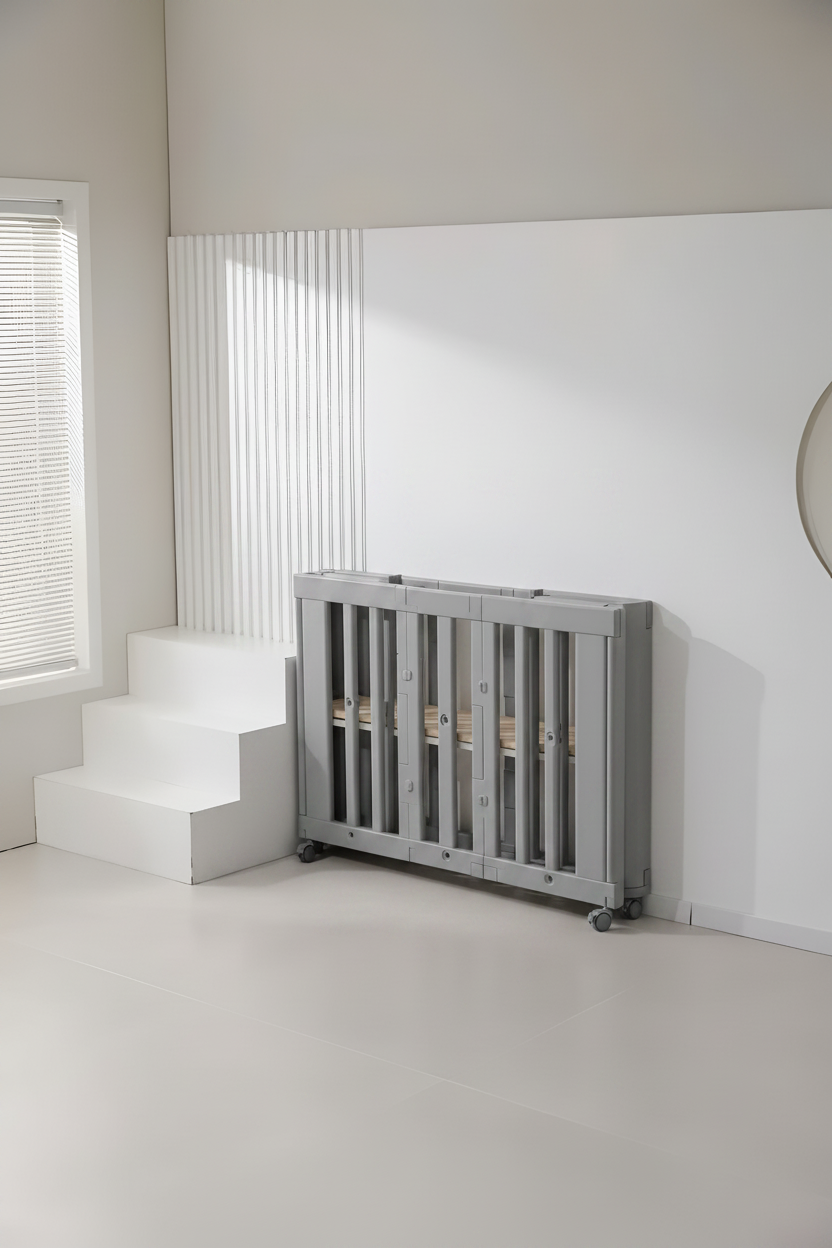 עריסת תינוק פלסטיק Minigo עם 2 מצבי גובה + מזרן נושם צבע אפור