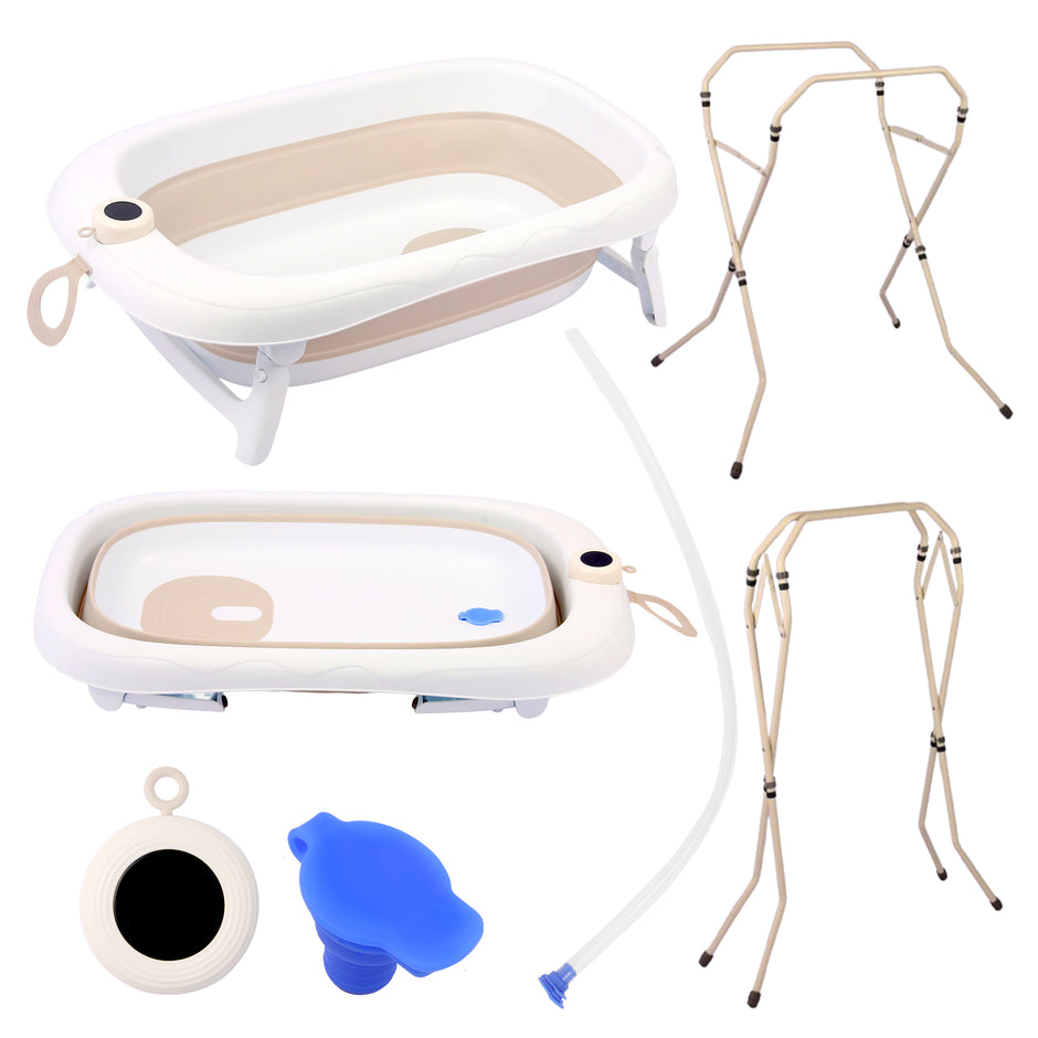 אמבטיה מתקפלת מסיליקון ענקית עם מעמד וטרמומטר(מד חום)נשלף + צינורית – צבע בז' לבן