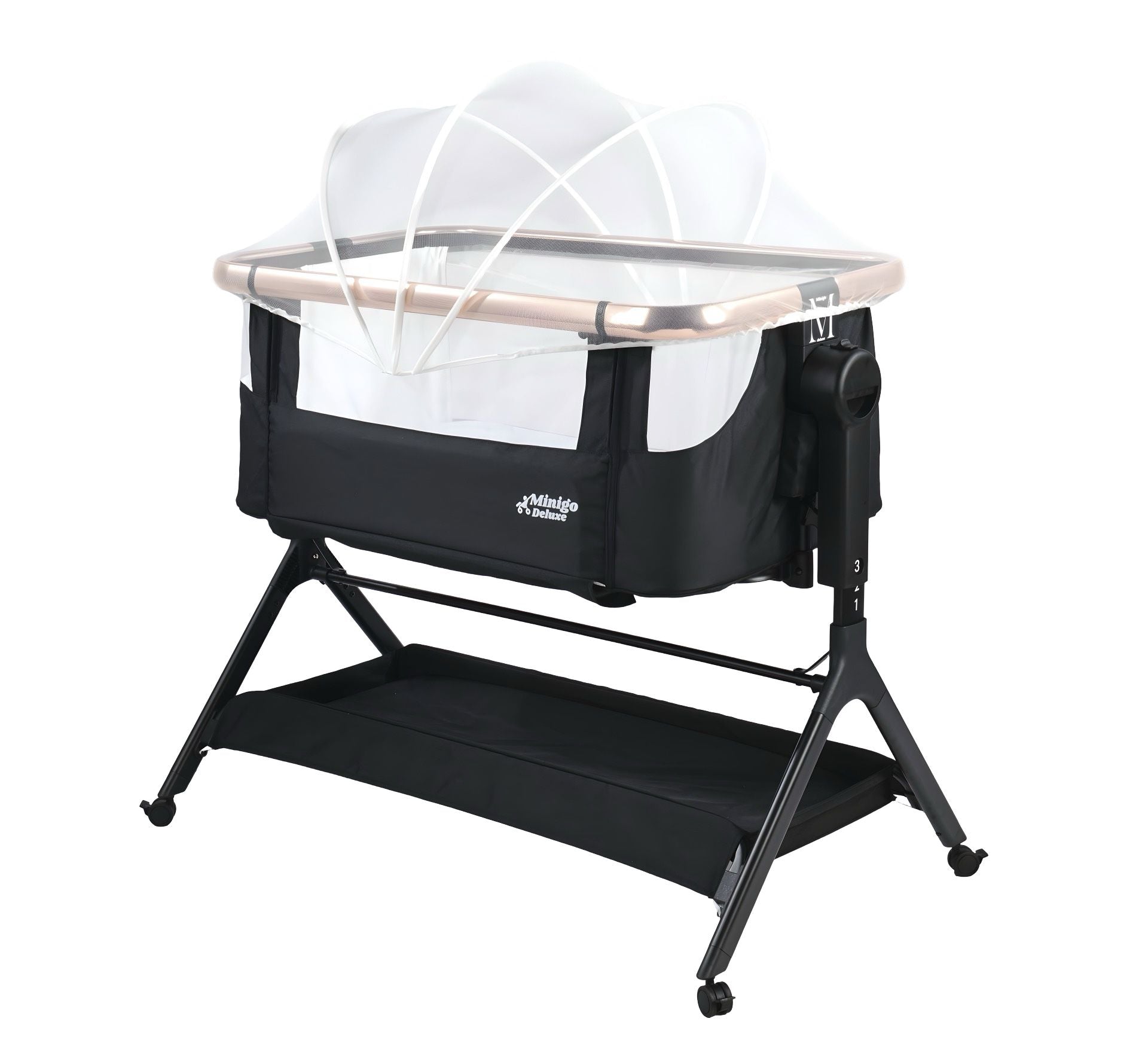 עריסה נצמדת (מתחברת)למיטת ההורים על גלגלים 3 ב 1 מיני גו דלוקס אייר- minigo DELUXE AIR צבע: שחור רוז גולד