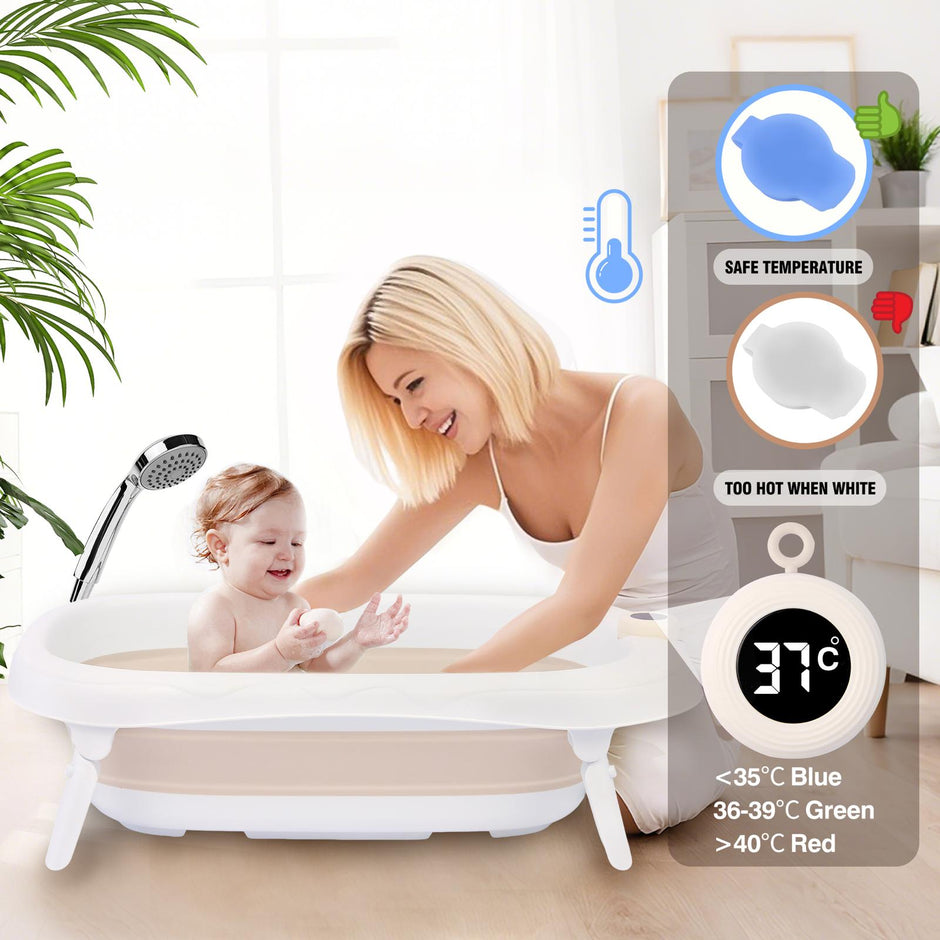 אמבטיה מתקפלת מסיליקון ענקית עם מעמד וטרמומטר(מד חום)נשלף + צינורית – צבע בז' לבן